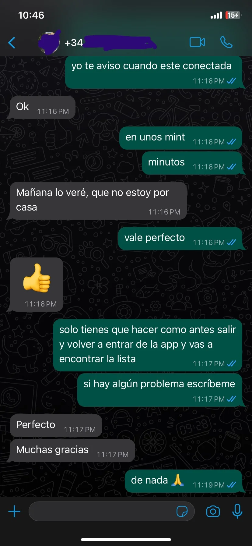 Conversación de WhatsApp - Cliente con servicio funcionando
