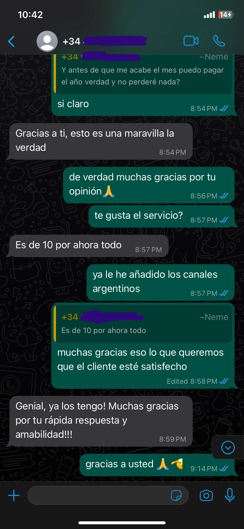 Conversación de WhatsApp - Cliente calificando el servicio como excelente